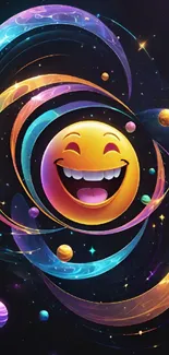 Cheerful emoji surrounded by colorful cosmic swirls and planets.