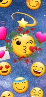 A colorful galaxy wallpaper with emojis and hearts.