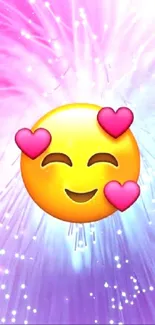 Smiling emoji with hearts on colorful background.