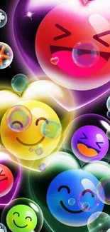 Vibrant heart emojis and bubbles on black background wallpaper.