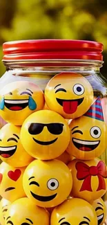 Jar filled with various playful emojis under a bright sunlit background.
