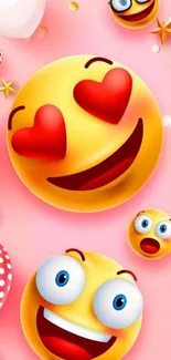 Colorful emoji wallpaper with hearts and smiles on a pink background.