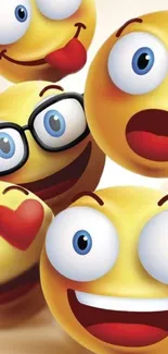 Colorful emoji wallpaper with expressive cartoon faces on a mobile background.