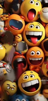 Colorful 3D emoji faces with varied expressions on wallpaper.