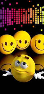 Cheerful emoji wallpaper with colorful music equalizer design.