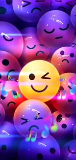 Vibrant neon emoji wallpaper with winking smiley face.