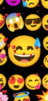 Colorful emoji wallpaper with hearts on a dark background.