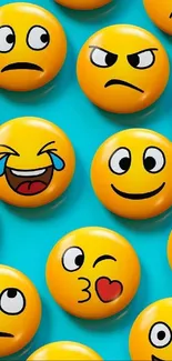 Vibrant emoji pattern on blue mobile wallpaper.