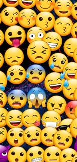 Colorful emoji faces over a dark, abstract blue background.