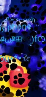 Vibrant emoji wallpaper with purple and yellow leopard patterns.