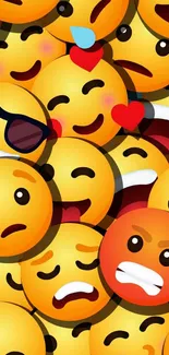 Colorful emoji wallpaper with various expressively fun smiley faces.