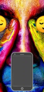 Colorful painted hands with emojis for phone wallpaper.