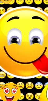 Cheerful emoji wallpaper with bright yellow smiley face and playful expressions.