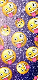 Playful emoji wallpaper with a purple background and water droplets.