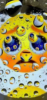 Reflective emoji art with raindrop accents on a vibrant background.