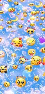 Colorful emoji and hearts on a sky blue background.