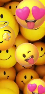 Vibrant yellow wallpaper with cheerful emoji and smiley faces.