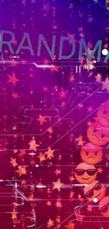 Vibrant purple wallpaper with emojis and stars.