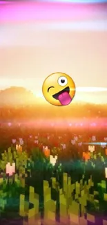 Vibrant pixelated sunset field with expressive emoji.