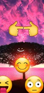 Tree silhouette with emojis at sunset.