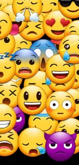 Colorful emoji wallpaper with various expressions on a black background.