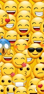 Vibrant yellow emoji wallpaper with various expressive faces.