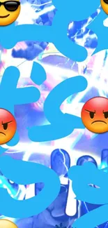 Vibrant mobile wallpaper with emojis and electric blue theme.