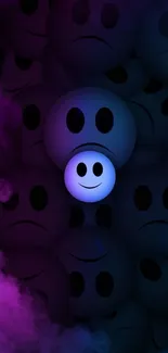 Vibrant happy and sad emojis with colorful clouds on a dark mobile wallpaper.