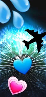 Vibrant wallpaper with emojis, hearts, plane, blue background.