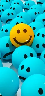 Vibrant emoticon wallpaper with one yellow smiling face amid blue frowning faces.