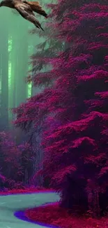 Magenta forest with vibrant green sky and raven, mystical mobile wallpaper.