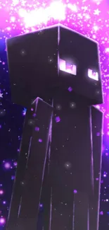 Enderman in a vibrant purple galaxy with stars.