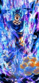 Anime character surrounded by vibrant energy with blue and orange hues.