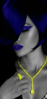 Stylish woman with blue hair and neon jewelry in artistic wallpaper.