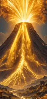 Dynamic volcano eruption with fiery lava flows under a dramatic sky.