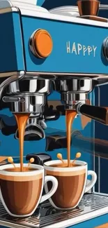 Cartoon-style espresso machine with colorful design.