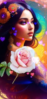 Mystical woman with flowers and hearts in vibrant colors.