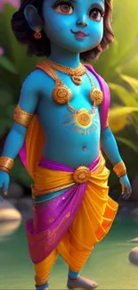 Ethereal divine figure with blue skin and vibrant attire.