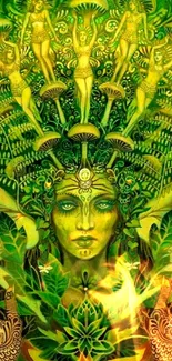 Vibrant ethereal green art wallpaper with mystical figures and patterns.