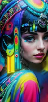 Vibrant fantasy portrait wallpaper featuring colorful patterns and headpieces.