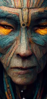 Vibrant warrior art with intricate face patterns, blue dominance.