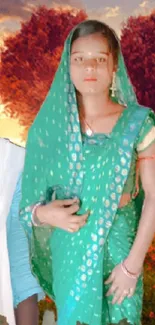 Woman in green traditional attire with vibrant background.