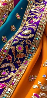 Ornate ethnic fabric with vibrant patterns and intricate detailing.