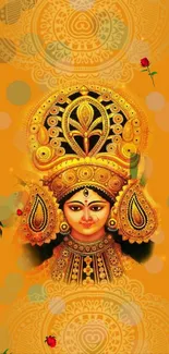 Ethnic goddess illustration with golden headgear on orange background.