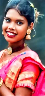 Vibrant ethnic portrait of a smiling woman wearing traditional attire.