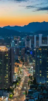 Vibrant cityscape with skyscrapers at dusk, under a dramatic sky.