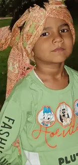 Child in a green shirt with scarf in park.