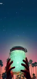 Glowing jar under starry evening sky with silhouetted palms.