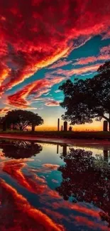 Vivid red sunset sky reflecting in water with trees silhouetted.