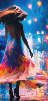 Woman in colorful dress walking in vibrant evening cityscape.